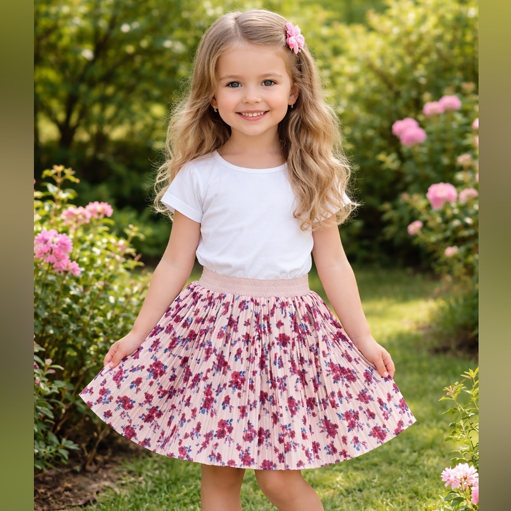 Pippa & Julie‎ Girl's Pink With Red Floral Print Pleated Velour Skirt Size 5T
